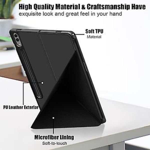 Multi-folding lærtablettveske for Samsung Galaxy Tab S9 (Svart)