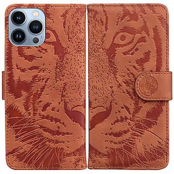 Tigerpräglad Läderfodral för iPhone 14 Pro Max (Brun)
