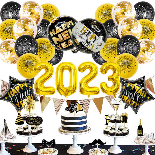 Gott Nytt År Dekorationer 2023 Ballonger Guld svart nyår