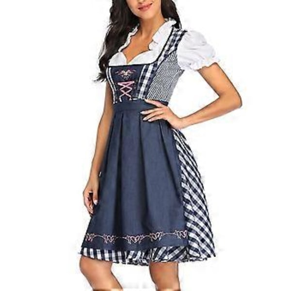 Naisten Oktoberfest-olutpiika-asu Baijerilainen perinteinen Dirndl-mekko Karnevaali (L Denim Blue Check)