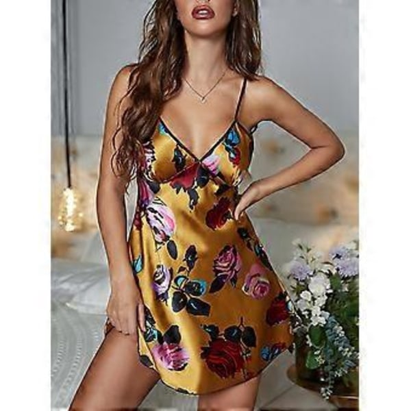 Damernas Satin Nattlinne med Tryck, Slipsklänning, Ärmlös, Sexig V-ringad Nattkläder, Rygglös Nattkläder (M gul)