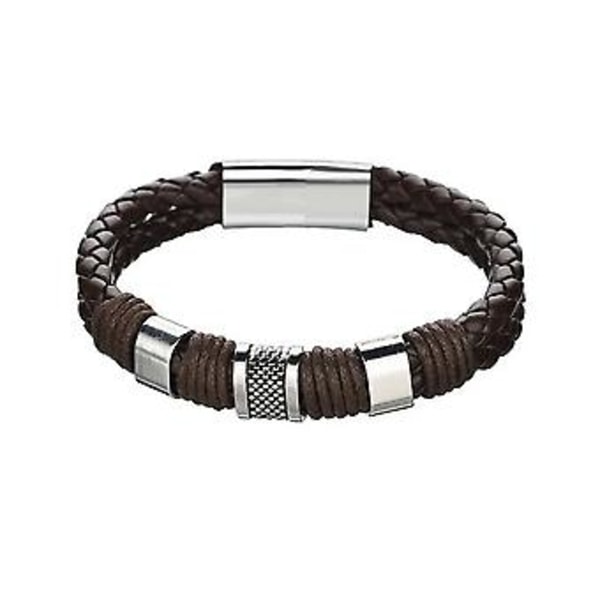 Armbånd læder mænd rustfrit stål armring biker punk smykker 21cm (Brun)