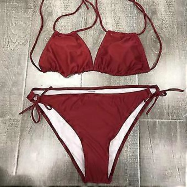 Plus Size Dame 2-delt Badetøj Polstret Bikini Sæt Halter Badedragt Vinrød (2XL)