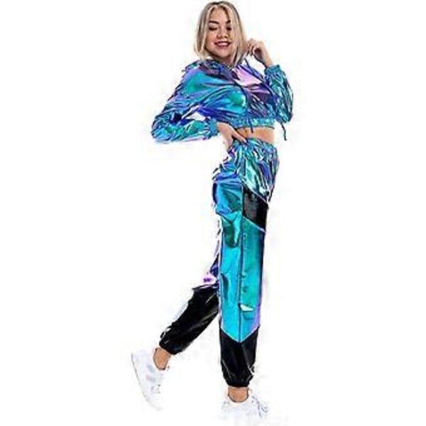 Rave-antrekk for kvinner, skinnende crop top-hettegenser, metallisk fritidsbukse, hettegenser-treningsgenser, discodanse-klubbklær (Medium holografisk blå)