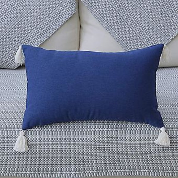 Landelig bomulls- og linputetrekk med frynser - Dekorative lumbarputetrekk for sofa, soverom, bil (navy 04, 12\"x20\")