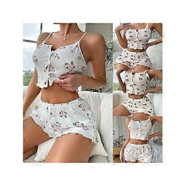 Dam Pyjamas Set Sexig V-ringad Sling Top och Elastiska Midjeshorts Lounge Sovkläder Set (XXL blommigt tryck)