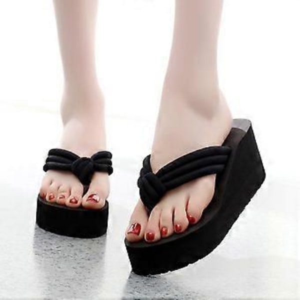 Højhælede Platform Slippers Mode Klipklappere Skråning Skridsikre Resort Strand Sorte Sandaler med Knude til Kvinder (Størrelse 38)