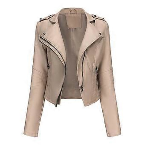 Damejakker med nitter, imiteret læder, revers, lynlås, bomberjakke, kort slim fit motorcykeljakke, afslappet street overtøj (XL beige)