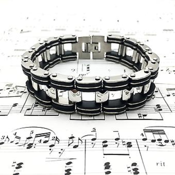 Silverfärgat armband i rostfritt stål med svart gummilänk för män ( )