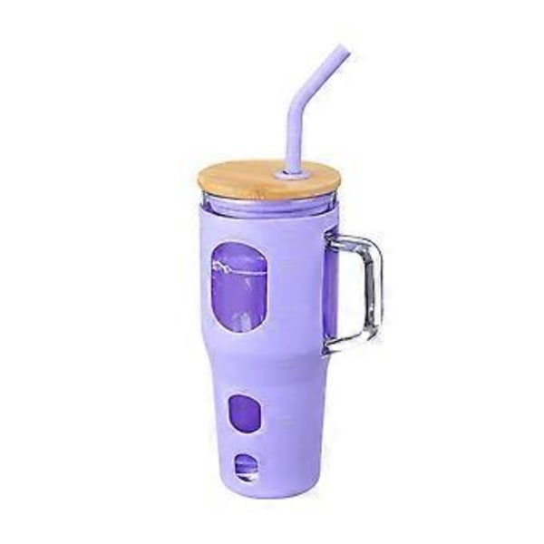946 ml Jääkahvikuppi kahvalla, kaksi pilliä - Boba-pilli ja juomapilli sopivat kuppitelineeseen (violetti)