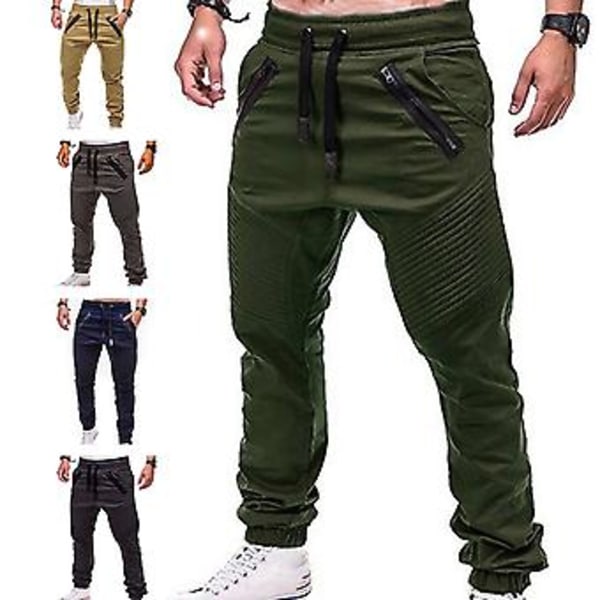 Fianao Byxor med dragsko, justerbar, randiga, med blixtlåsförsedda fickor, sportbyxor för utomhusaktiviteter (XXXL Arméggrön)