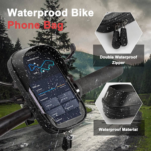 （Svart）Vattentät Telefonhållare för Cykel, MTB Styrbag, 360°