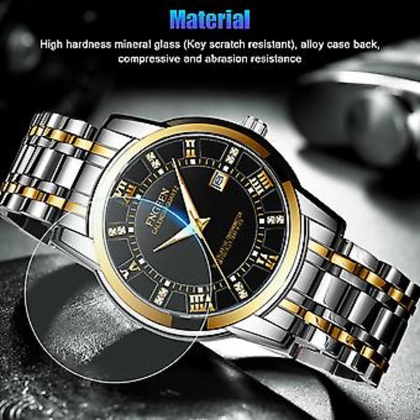 Vattentät Herrklocka Relojes De Hombre Klassisk Rostfritt Stål Quartz Självlysande (Guld Svart)