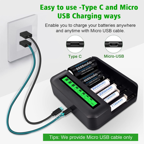 LCD USB-batterilader for AAA AAA C D Ni-MH Ni-CD oppladbare batterier