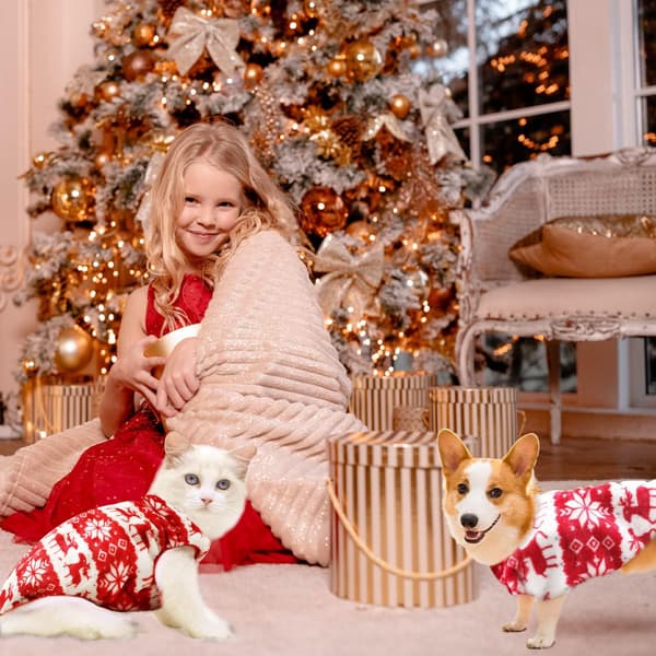 （M) Hundjul Jul Outfit, Sammet Röd & Vit Snöflinga Älg Katt Ch
