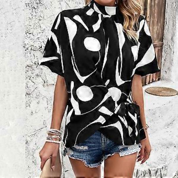 Dame Bluser Casual Kortærmet Skjorte Løs Plisseret Mock Neck Tunika Top Løs T-shirt Tees Top Gaver M Grøn(M Grøn)