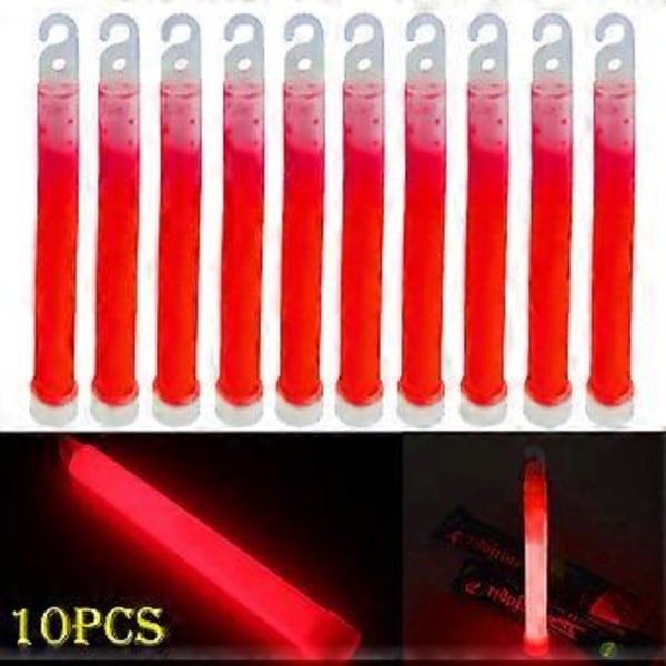 10 st 15 cm långa glowsticks med krok, tjock platt botten, lysstavar för vandring, fester, klubbar (Röd)