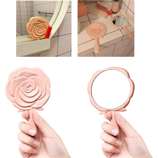 Vintage Rose Carving Håndholdt Makeup Spejl Pink Lille Spejl med