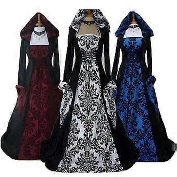 15% RABAT Dame Renæssance Middelalder Kostume Kjole Snøret Irsk Over Lang Kjole Cosplay Retro Kjole (2XL Sort)