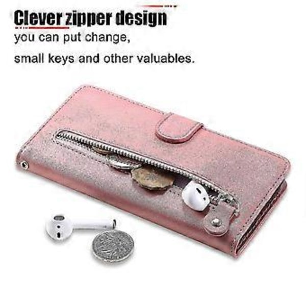 Wallet Case til Motorola Moto E7 Plus, Premium PU Læder Magnetisk Lukning Kort Slots Støtteben Lynlåslomme Blødt TPU Flip Cover - Pink