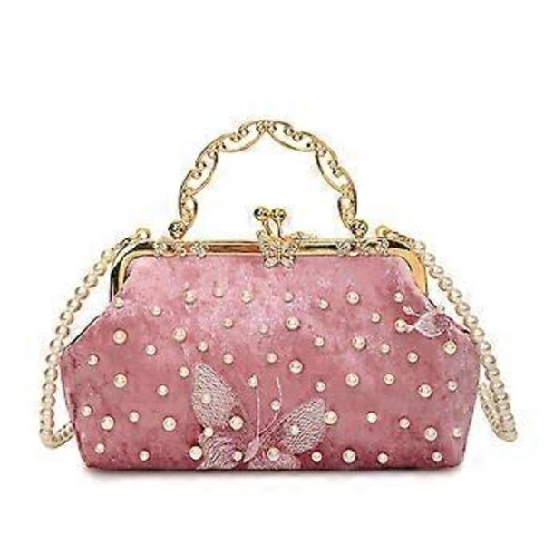 Stilfuld aften taske i skålform med sommerfuglebroderi, perlekæde, skulder- og crossbody-taske til særlige lejligheder, pink (pink)