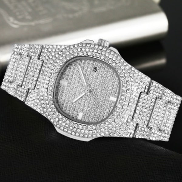 Unisex Luksus Fuld Diamant Ur Sølv Guld Mode Kvarts Analog