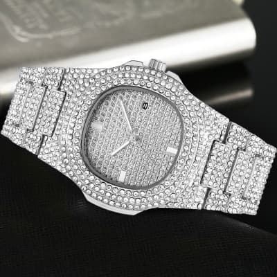 Unisex Lyxig Full Diamant Klocka Silver Guld Mode Kvarts Analog