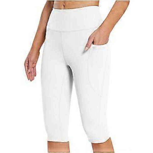 Naisten polvipituiset capri-leggingsit taskuilla rentoon treeniin kesällä korkeavyötäröiset joogahousut leggingsit Valkoinen XL (XL Valkoinen)