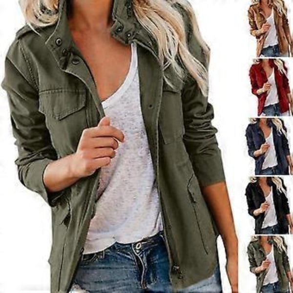 Damefrakk Ståkrage Glidelås Flere Lommer Ensfarget Lange Ermer Myk Casual Cardigan Ren Farge Vårfrakk for Daglig Bruk (3XL brun)