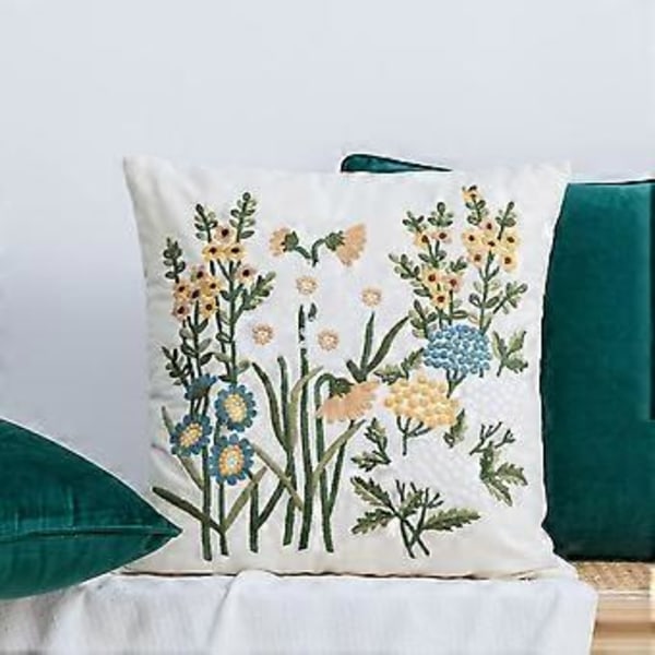 Landelig Broderte Bomullsstoff Puter Trekk Vår Blomster Broderi Putetrekk Putetrekk for Sofa Sette Soffa Seng (Blomst A, 18\"x18\")