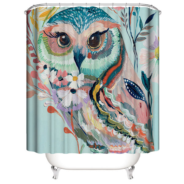 Duschdraperi med djurmotiv 150*180cm（Färg）, Uggla Duschdraperi Vattentät
