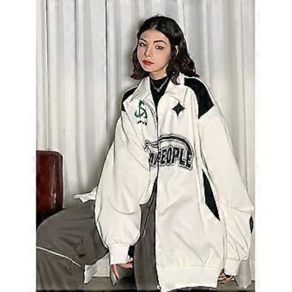 Lös passform medeltida mode dragkedja sweatshirt avslappnad sportjacka dam trendig baseballuniform (L Vit)
