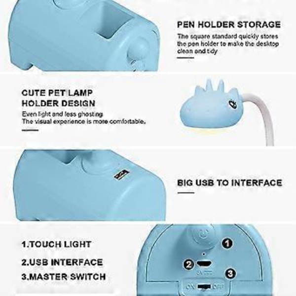 LED Skrivebordslampe for Barn, Bordlampe med 3 Farger og Dimbar, Berøringsbryter / USB-tilkobling / Pennholder, Leselampe for Barnerom, Studier, Arbeid (b