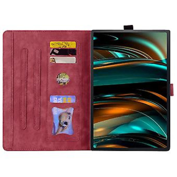 Läderfodral för Samsung Galaxy Tab A9+ med kattmotiv (Röd)