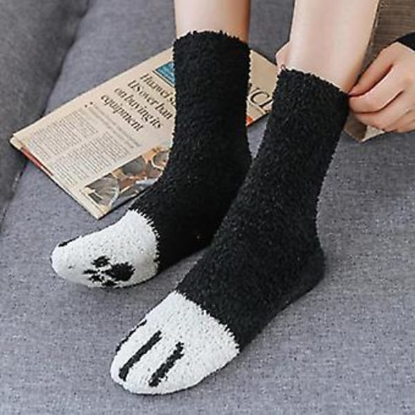 Dame Varme Sjove Fluffy Kat Pote Print Bløde Seng Slipper Sok Varme Kalve Sokker (Sort)