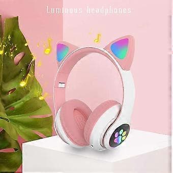 Gaming Headset Mote Bluetooth Katteøre LED Lysende Trådløst Headset - Rosa