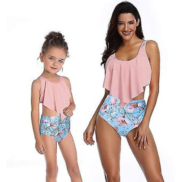Flickbaddräkt Tvådelad Bikini Set Volang Falbala Badkläder Baddräkter-e( Rosa Blomma)