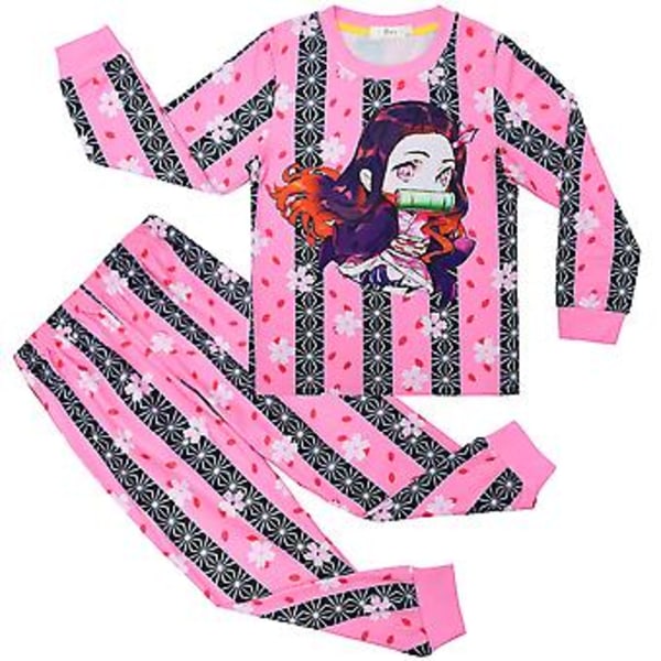 Påsk-Demon Slayer-Pyjamas för Barn, Långärmad Tvådelad Dräkt (120cm Rosaröd)