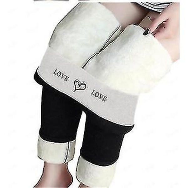 Dam Fleece Termiska Byxor i Hel Färg, Midja med Bokstäver "Love" Tryck, Kontrasterande Färgblockering, Plus Fleece Byxor (4XL svart)