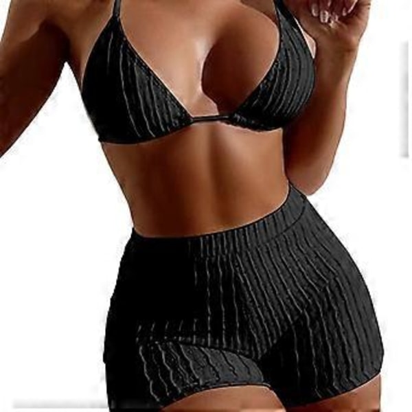 Bikinier til teenagepiger, badedragter med vattering og push up, damebadedragter, todelt atletisk boy shorts, sporty badedragter, sort S(S sort)