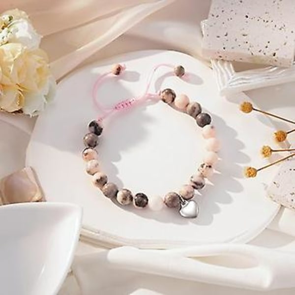 Födelsedagspresenter för flickor 4-21 år, rosa zebra naturstenarmband med söt hjärta charm och meddelandekort för dotter/barnbarn/brorsdotter 15 år