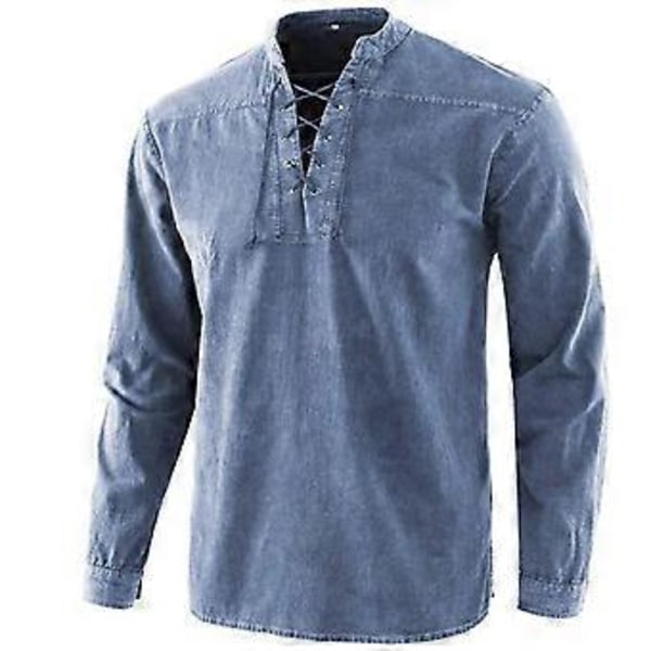 Herre Vintage Skjorte Ensfarvet Langærmet Afslappet Bluse med Snøre -NMAOV(4XL Blå)