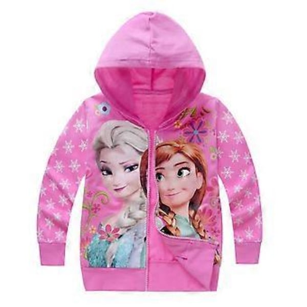 Jentegenser med Frozen-trykk, lang erme, hettegenser, løs hettejakke, høstjakke (6-7 år, rosarød)