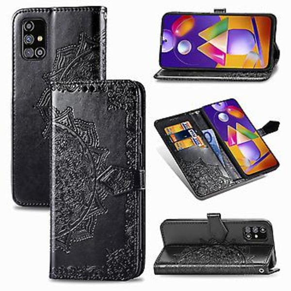Mandala Blomst Præget Vandret Flip Læderetui Til Galaxy M31s (Sort)