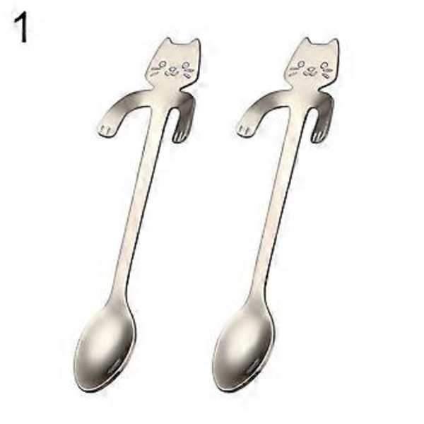 2 stk. rustfri stål ske tegneserie kat langt håndtag dejlig dessert suppe bestik (5)