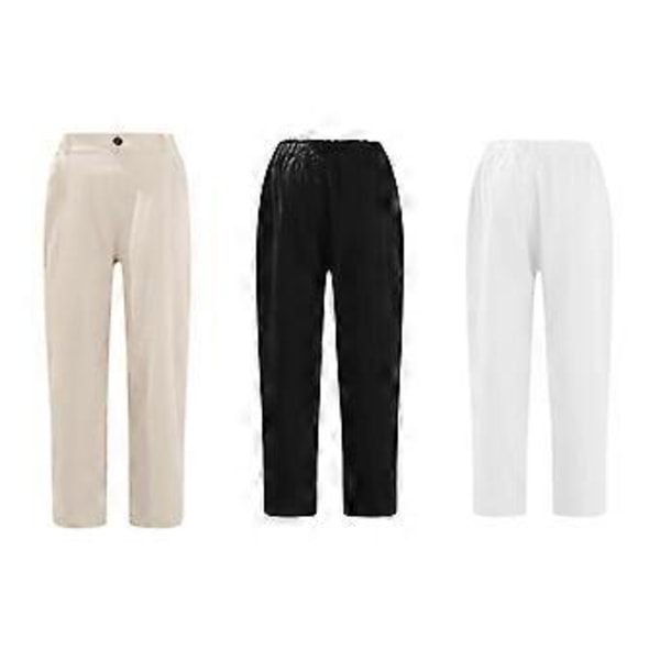 Linbukser for kvinner, cropped, løs passform, bomull, capribukser, avslappet stil, elastisk midje, sommer (L Khaki)