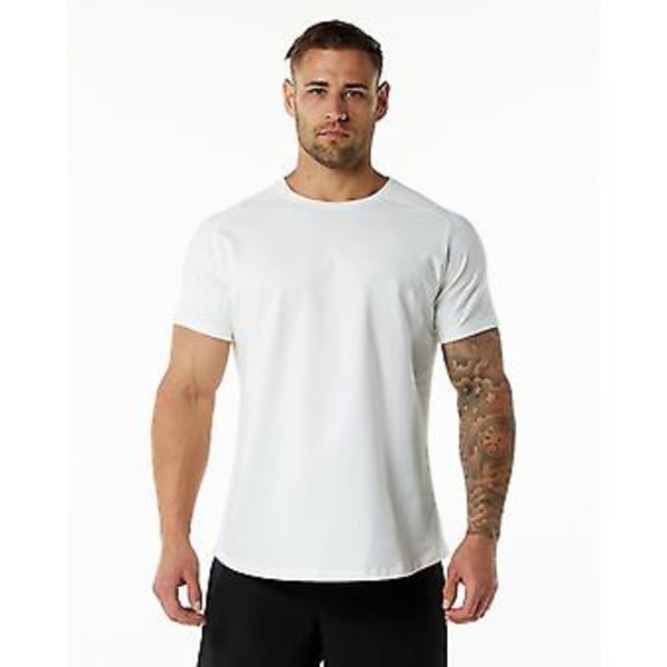 Sport Fitness T-shirt med Kort Ärm för Män, Bomull, Rund Hals, Enfärgad, Casual Träning, Svart (XXXL Vit)