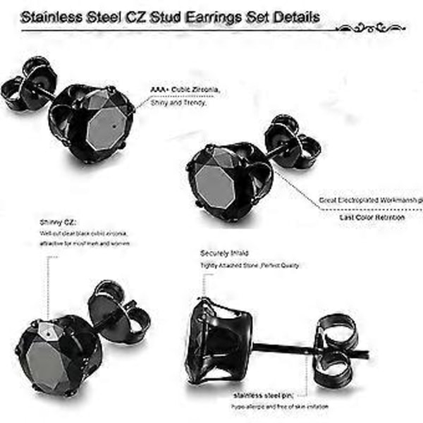 6 Par Titanium og Rustfrit Stål Mænd Kvinder Stud Øreringe Sæt Sort og Klar Rund Cubic Zirconia Indlagt Pierced Hypoallergen 3-5mm