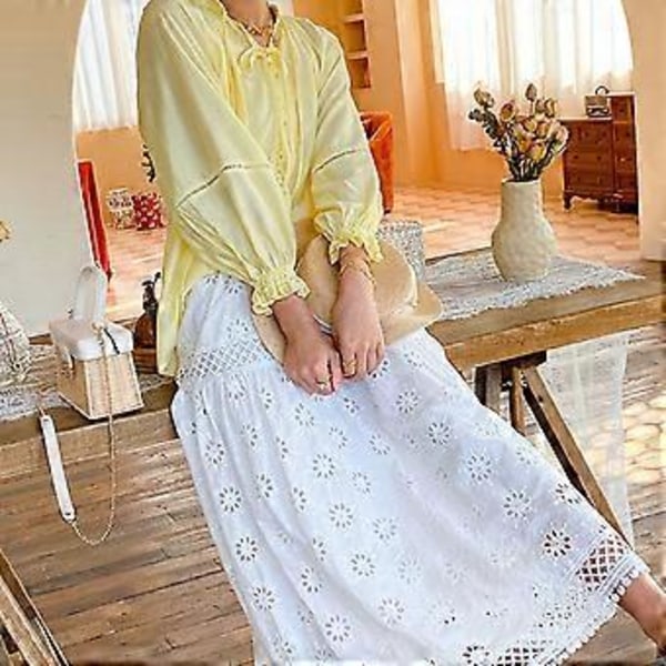 15% RABATT Mode Dam Sommar Casual Färg Broderad Volangkjol Maxi (Vit-Vit)