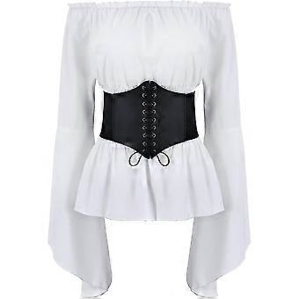 Ny Kvinners Renaissance Bluse Topper Korsett Midje Belte Middelaldersk Victorian Off Shoulder Lang Ermet Skjorte Pirate Cosplay Kostymer Rask 2023 (Medium Hvit)